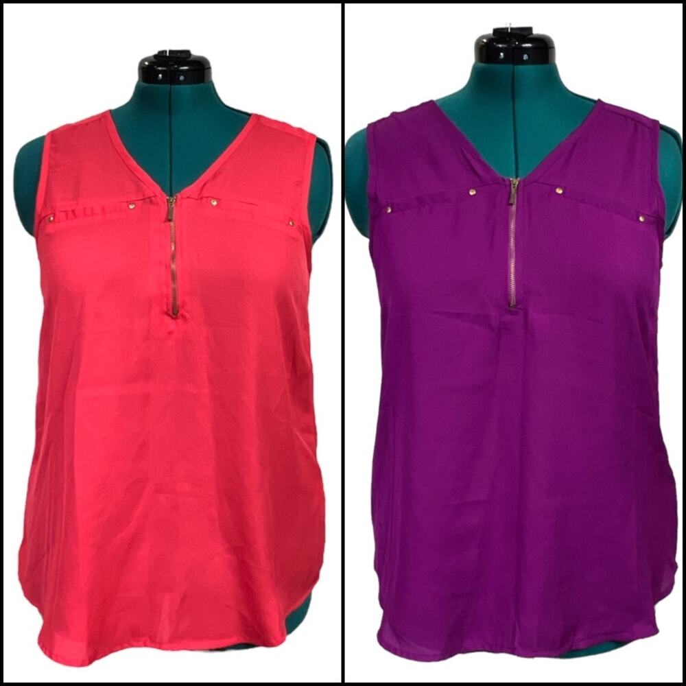 Mileage Partial Zip Up Sleeveless Chiffon Tank Top Bundle Size L Orange Purple
